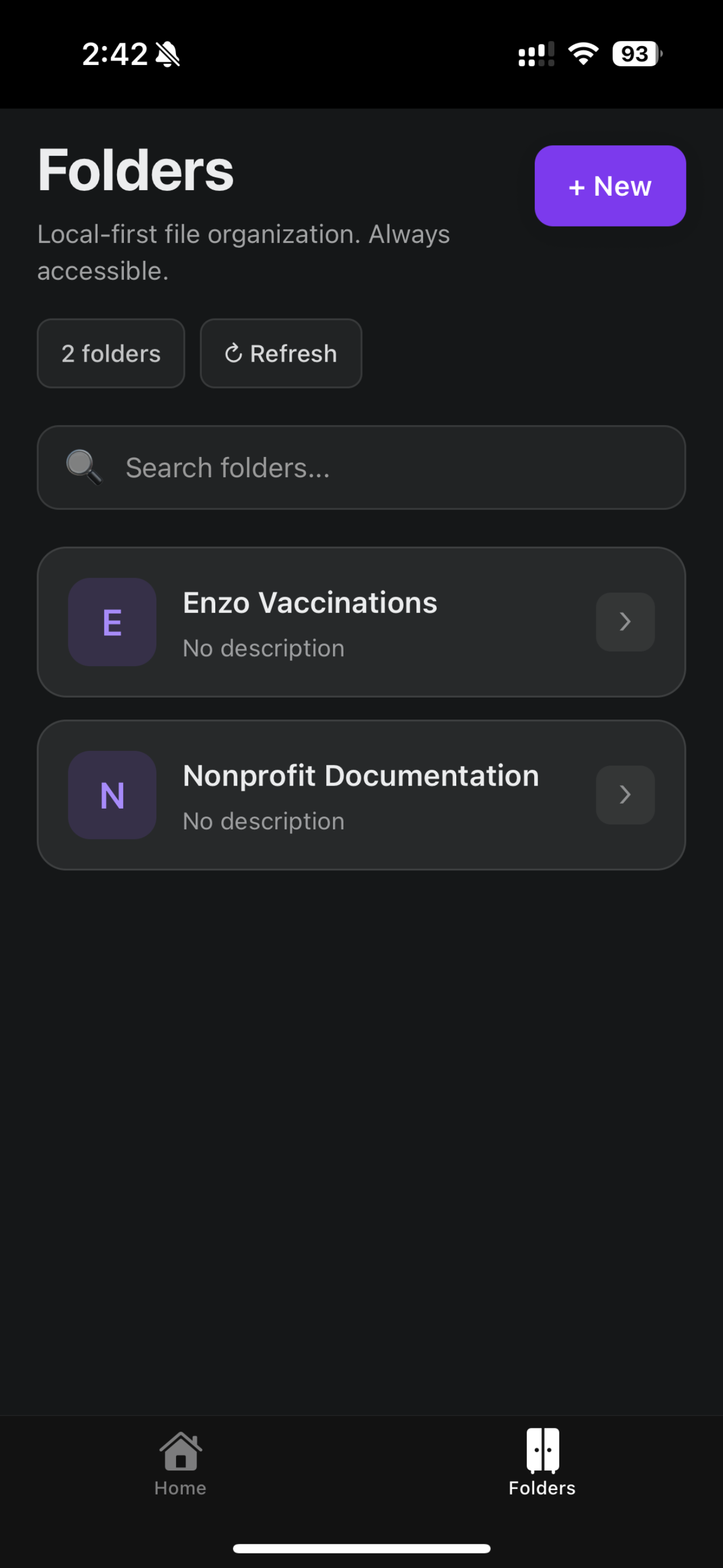 Folders view with search and organization