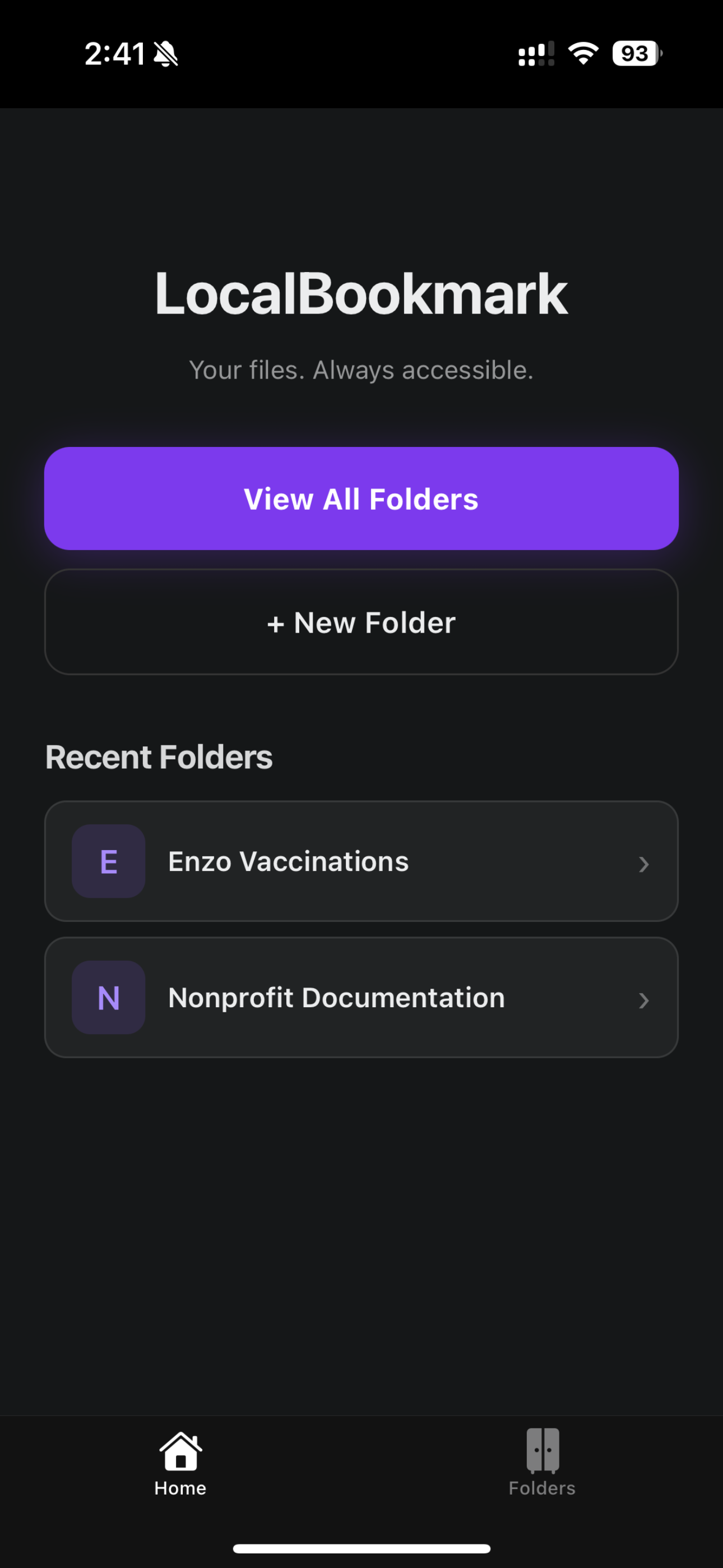 LocalBookmark home screen showing recent folders
